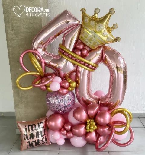 Bouquet con helio: Rose gold, corona y burbuja de confeti
